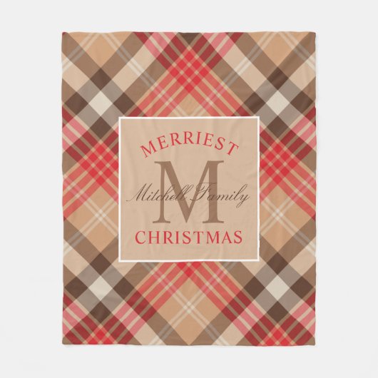 Rustige bruine rode tartan geruite kerstmonogram fleece deken (Voorkant)