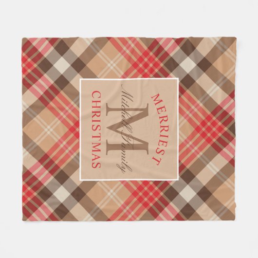 Rustige bruine rode tartan geruite kerstmonogram fleece deken (Voorkant (Horizontaal))