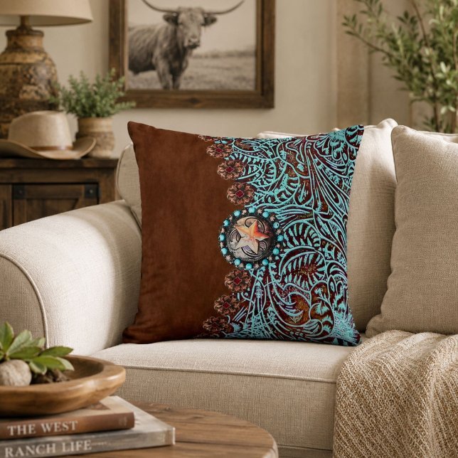 Rustige bruine turquoise western country patroon  kussen (Rustic brown turquoise western country pattern throw pillow)