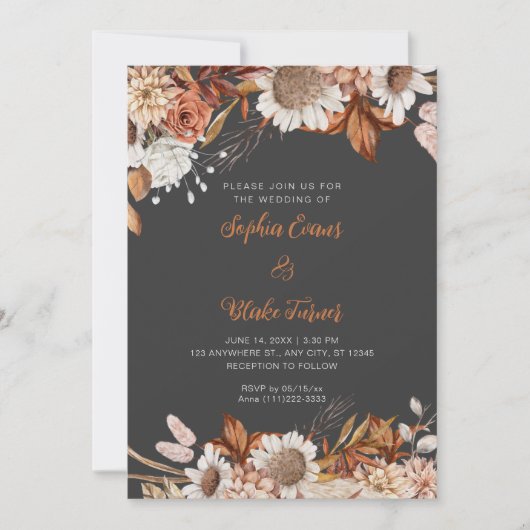 Rustige Bruine Witte Bloemen Boho Grijze Bruiloft Kaart (Voorkant)