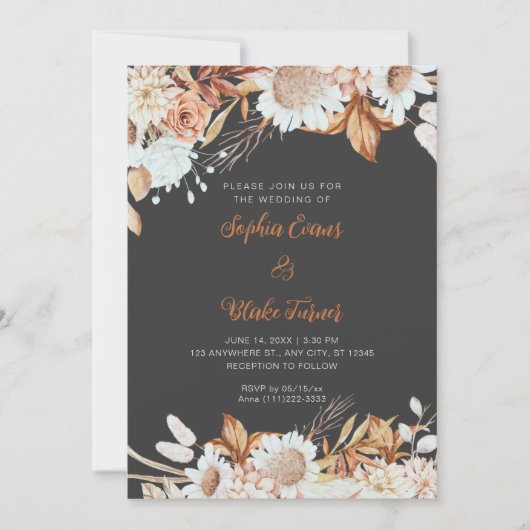Rustige Bruine Witte Bloemen Boho Grijze Bruiloft Kaart (Voorkant)
