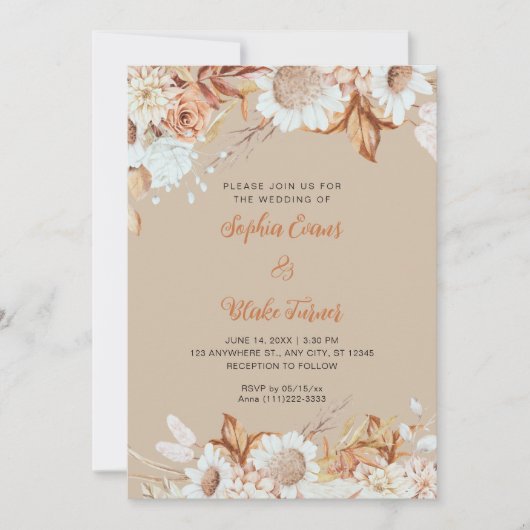 Rustige bruine witte bloemen Boho vanille bruiloft Kaart (Voorkant)