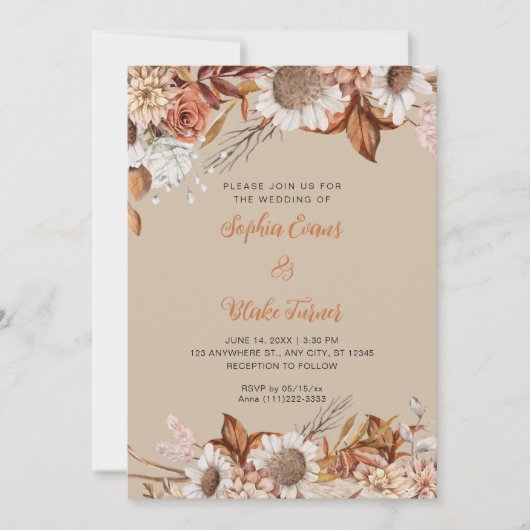 Rustige bruine witte bloemen Boho vanille bruiloft Kaart (Voorkant)