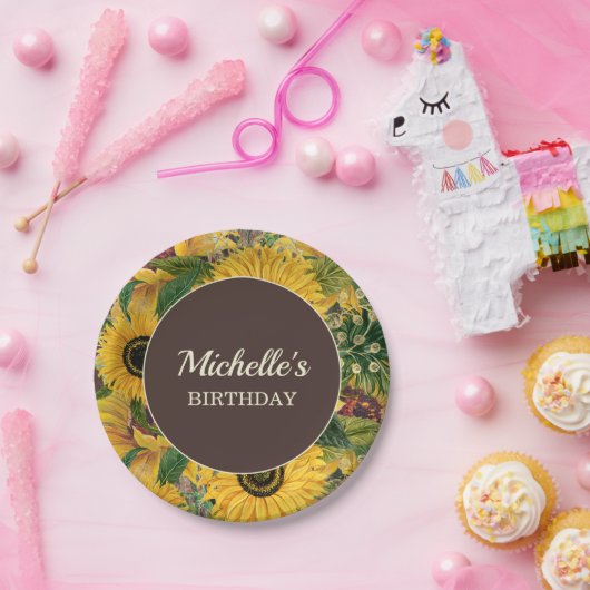 Rustige bruine zonnebloemen, geboortedag papieren bordje (Feest)