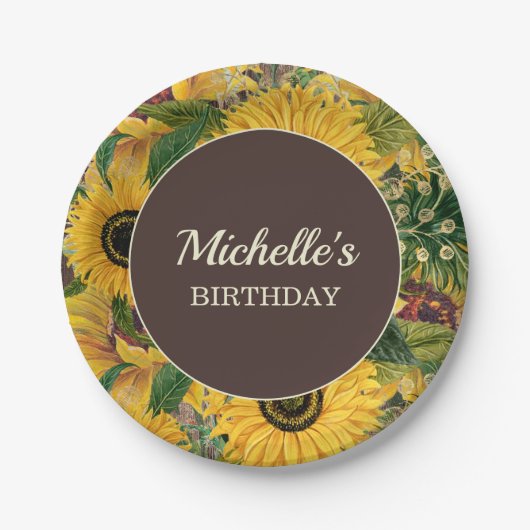 Rustige bruine zonnebloemen, geboortedag papieren bordje (Voorkant)