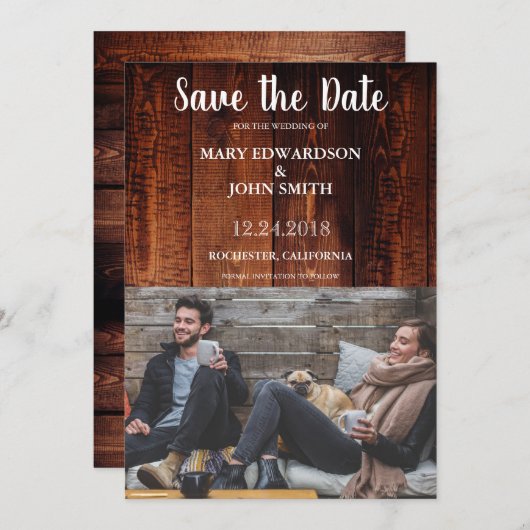 Rustige bruinhoutfotobruiloft save the date (Voorkant / Achterkant)