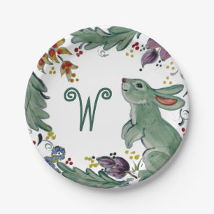 Rustige Bunny Rabbit Blauwgroen Farmhouse Monogram Papieren Bordje