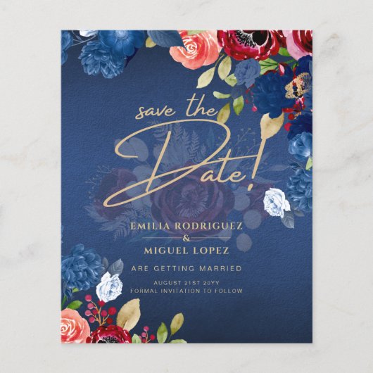 Rustige Burgundy Blau Bloemige Trouw SAVE THE DATE (Voorkant)