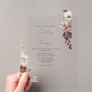 Rustige Burgundy Blush Bloem Bruiloft Acryl Uitnodigingen