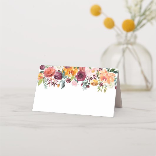 Rustige Burgundy Blush Herfst Bloemige Monogram Br Plaatskaartje (Voorkant)