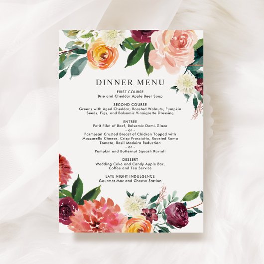 Rustige Burgundy Blush Herfst Bloemige Trouwdiner Menu