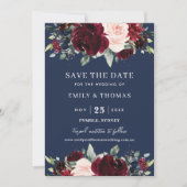 Rustige Burgundy Blush Navy Bloemen Bruiloft Save The Date (Voorkant)