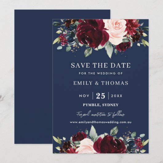 Rustige Burgundy Blush Navy Bloemen Bruiloft Save The Date (Voorkant / Achterkant)