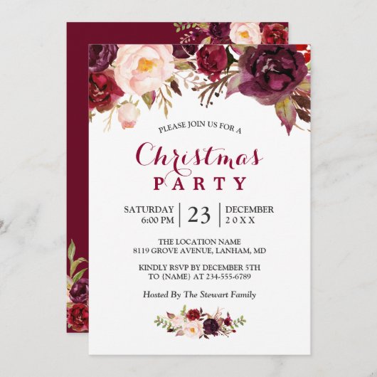 Rustige Burgundy Red Floral Chic Kerstparty Kaart (Voorkant / Achterkant)