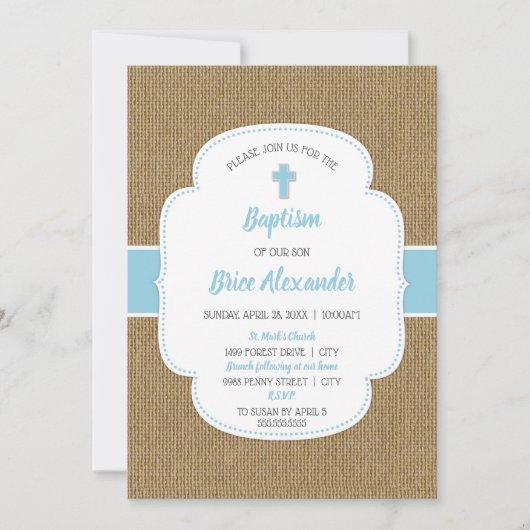 Rustige burlap boy baptism-christening-uitnodiging kaart (Voorkant)