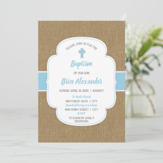 Rustige burlap boy baptism-christening-uitnodiging kaart (Staand voorkant)