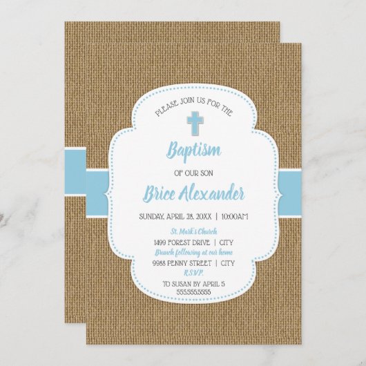 Rustige burlap boy baptism-christening-uitnodiging kaart (Voorkant / Achterkant)