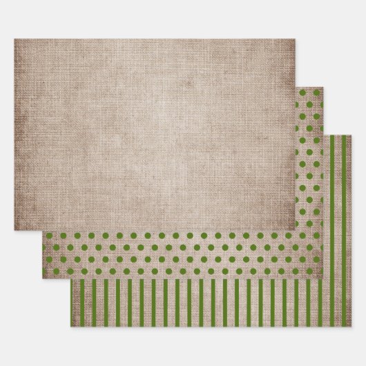 Rustige Burlap Green Polka Dots Stripes Solid Inpakpapier Vel (Set)