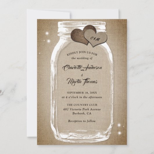 Rustige  Burlap Harten Mason Jar Wedding Kaart (Voorkant)