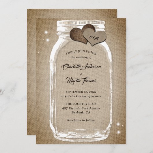 Rustige Burlap Harten Mason Jar Wedding Kaart (Voorkant / Achterkant)