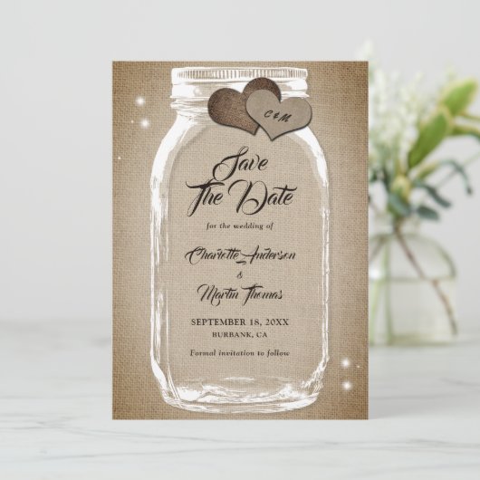 Rustige Burlap Harten Mason Jar Wedding Save The Date (Staand voorkant)
