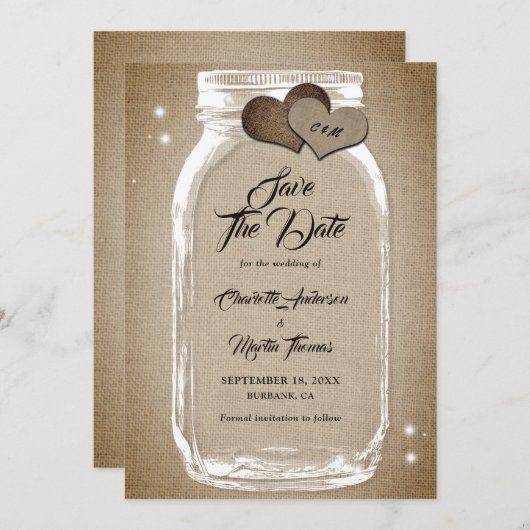 Rustige Burlap Harten Mason Jar Wedding Save The Date (Voorkant / Achterkant)
