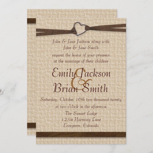Rustige burlap hartslag clasp lbon bruiloft nodigt kaart (Voorkant / Achterkant)