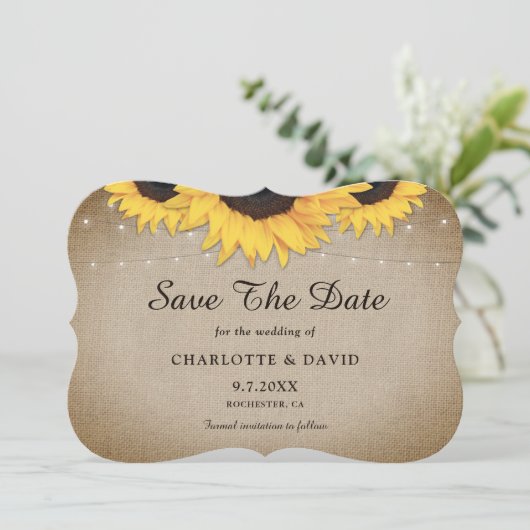 Rustige Burlap Hearts Sunflower Wedding Save The Date (Staand voorkant)
