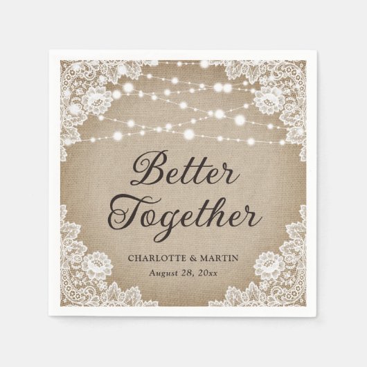 Rustige  Burlap Lace String Lights Wedding Servet (Voorkant)
