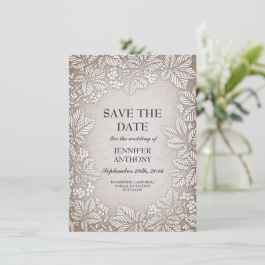 rustige burlap sparen de datumkaarten save the date (Staand voorkant)