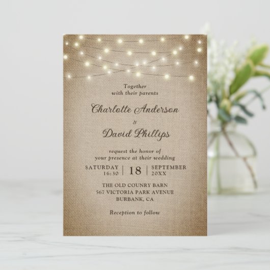 Rustige Burlap String Lights Wedding Kaart (Staand voorkant)