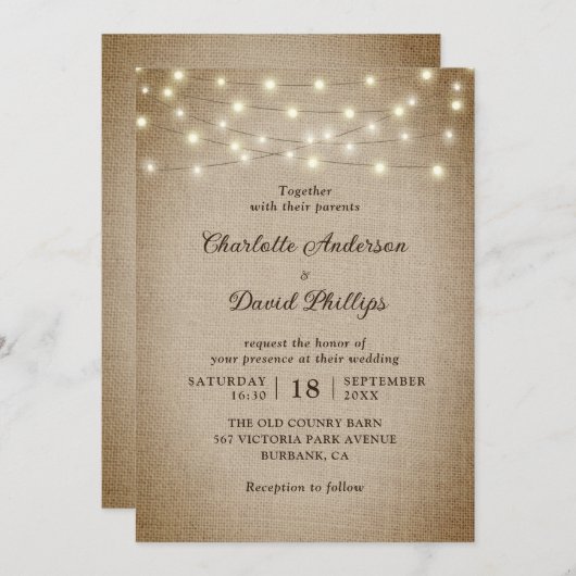 Rustige Burlap String Lights Wedding Kaart (Voorkant / Achterkant)