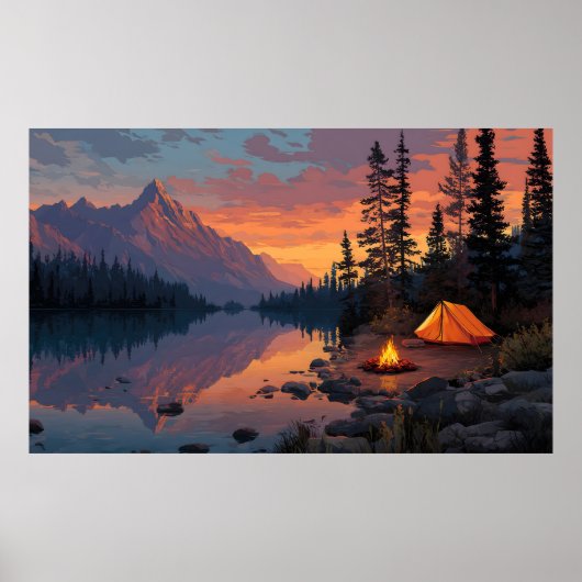 Rustige Camping Scene bij een bergmeer Poster (Voorkant)