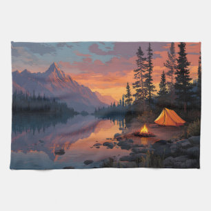 Rustige Camping Scene bij een bergmeer Theedoek
