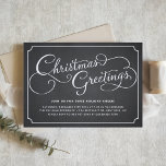 Rustige Chalkboard-kalligrafie kerstfeest Kaart<br><div class="desc">Doe mee voor een feestgoedje. Het is gasten aan uw kerstfeestuitnodiging met deze klantgerichte vakantieuitnodiging. Het kenmerkt "kerstgroeten" whimsical script typografie op faux chalkboard achtergrond. Personaliseer door uw gebeurtenisdetails toe te voegen. Deze feestelijke kerstfeestuitnodiging is ook in andere kleuren en kartonnen kleuren verkrijgbaar.</div>