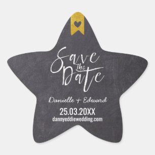 Rustige Chalkboard Typografie Gold Save the Date Ster Sticker
