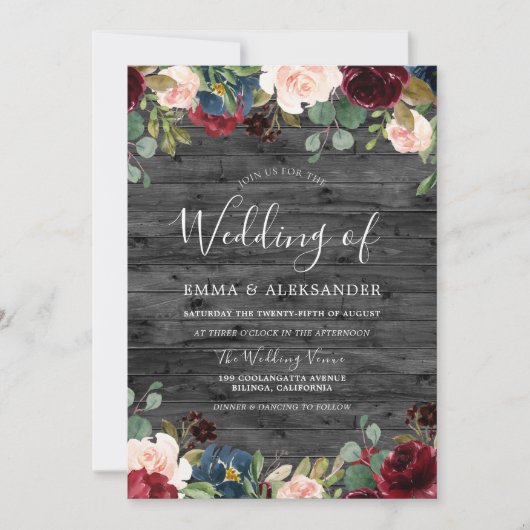 Rustige Charcoal Wood Burgundy Wedding Invite Kaart (Voorkant)
