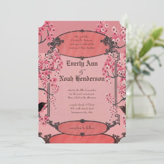 Rustige  Cherry Blossom Art Deco Wedding Kaart (Staand voorkant)