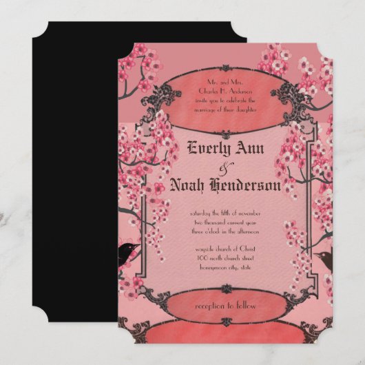 Rustige  Cherry Blossom Art Deco Wedding Kaart (Voorkant / Achterkant)