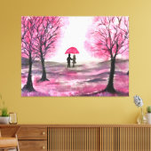 Rustige Cherry Blossoms Love koppel Red Umbrella Canvas Afdruk (Insitu (Woonkamer))