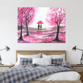 Rustige Cherry Blossoms Love koppel Red Umbrella Canvas Afdruk (Insitu (Slaapkamer))