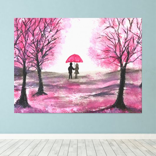 Rustige Cherry Blossoms Love koppel Red Umbrella Canvas Afdruk (Insitu (Houten vloer))