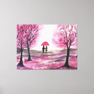 Rustige Cherry Blossoms Love koppel Red Umbrella Canvas Afdruk