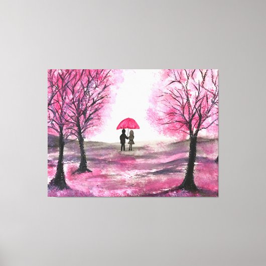 Rustige Cherry Blossoms Love koppel Red Umbrella Canvas Afdruk (Voorkant)