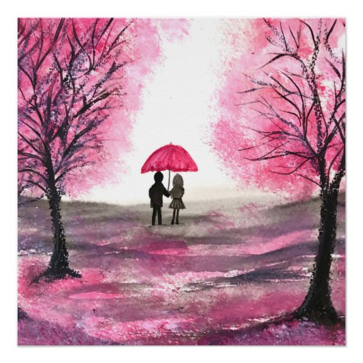 Rustige Cherry Blossoms Love koppel Red Umbrella Perfect Poster (Voorkant)