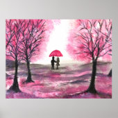 Rustige Cherry Blossoms Love koppel Red Umbrella Poster (Voorkant)