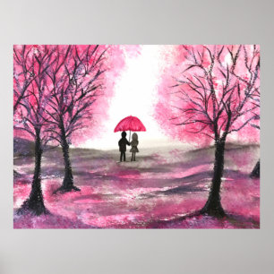 Rustige Cherry Blossoms Love koppel Red Umbrella Poster