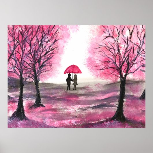 Rustige Cherry Blossoms Love koppel Red Umbrella Poster (Voorkant)