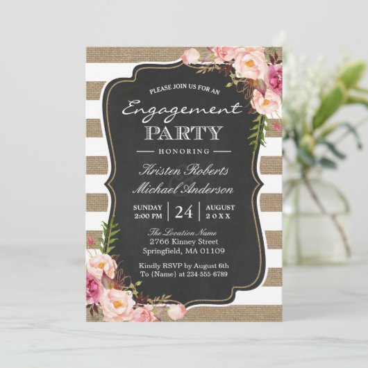 Rustige Chic Burlap Stripes Floral Engagement Part Kaart (Staand voorkant)