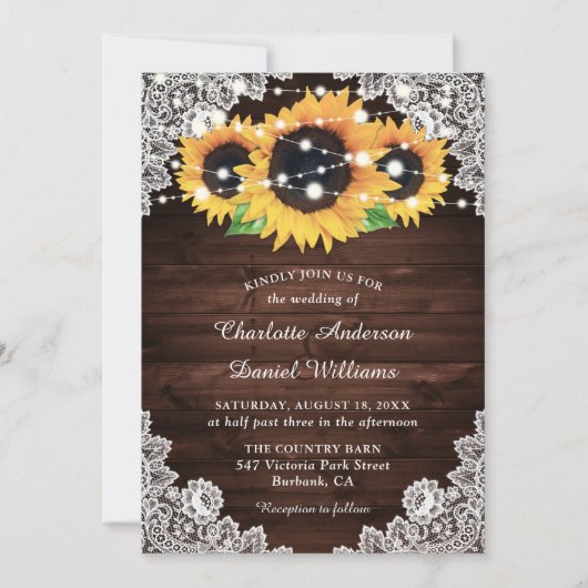 Rustige Chic Country Wood Lace Sunflower Wedding Kaart (Voorkant)